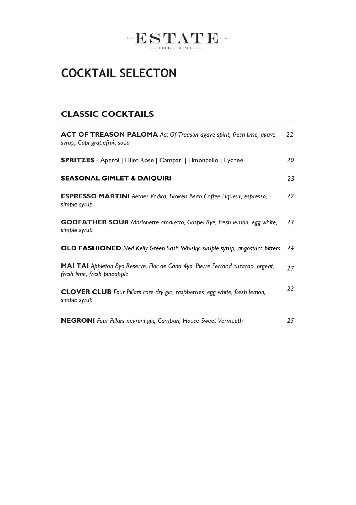 Estate Coogee menu, page 3