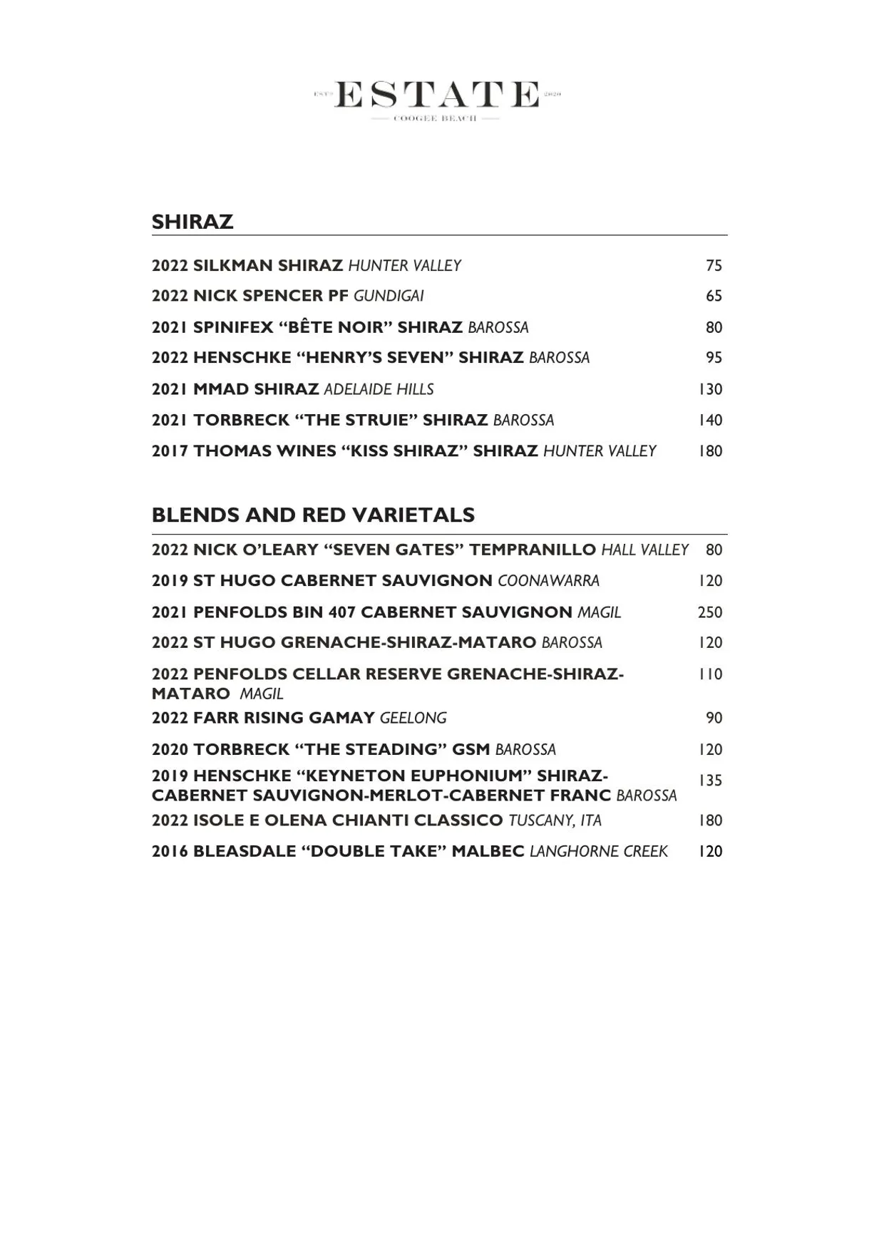 Estate Coogee menu, page 11