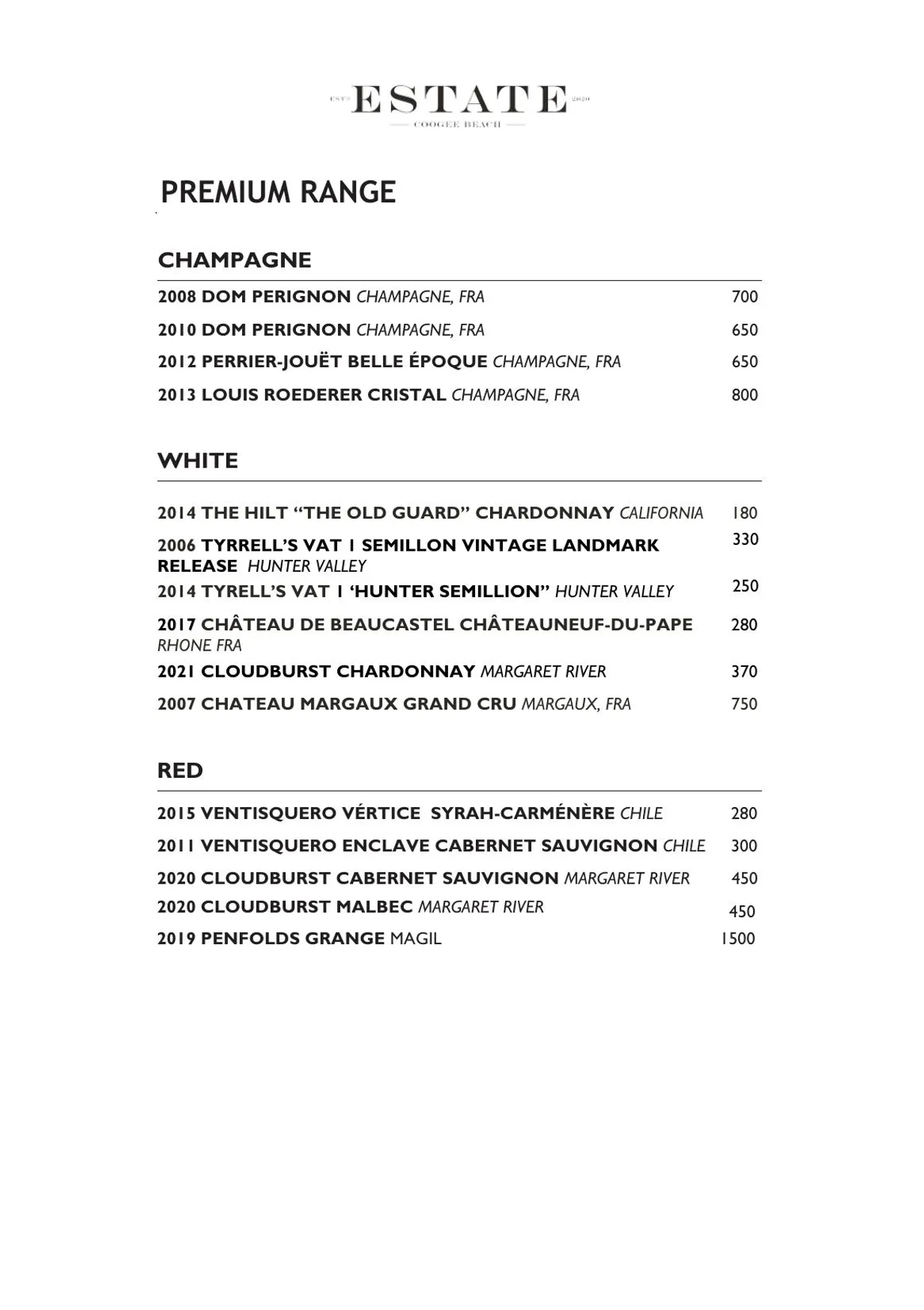 Estate Coogee menu, page 6