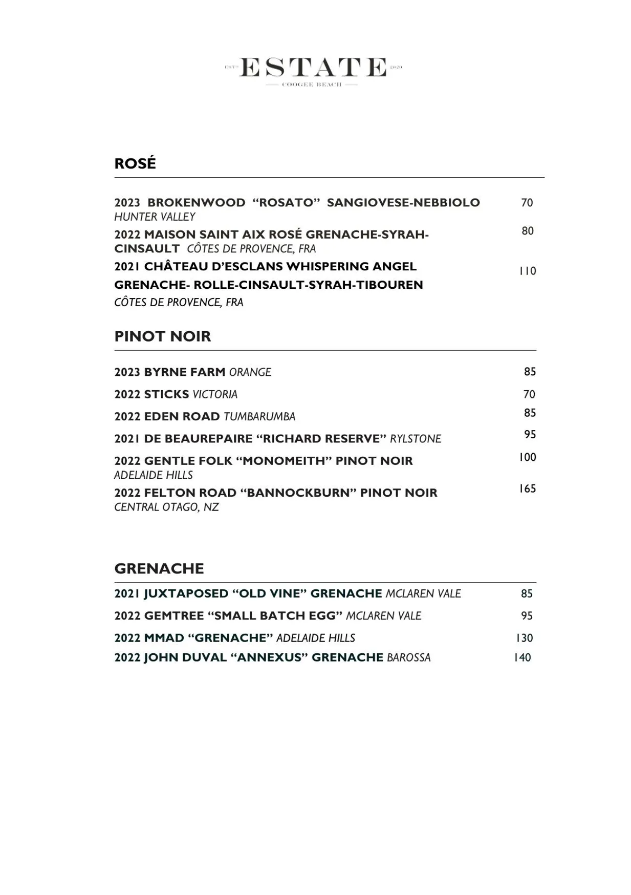 Estate Coogee menu, page 10