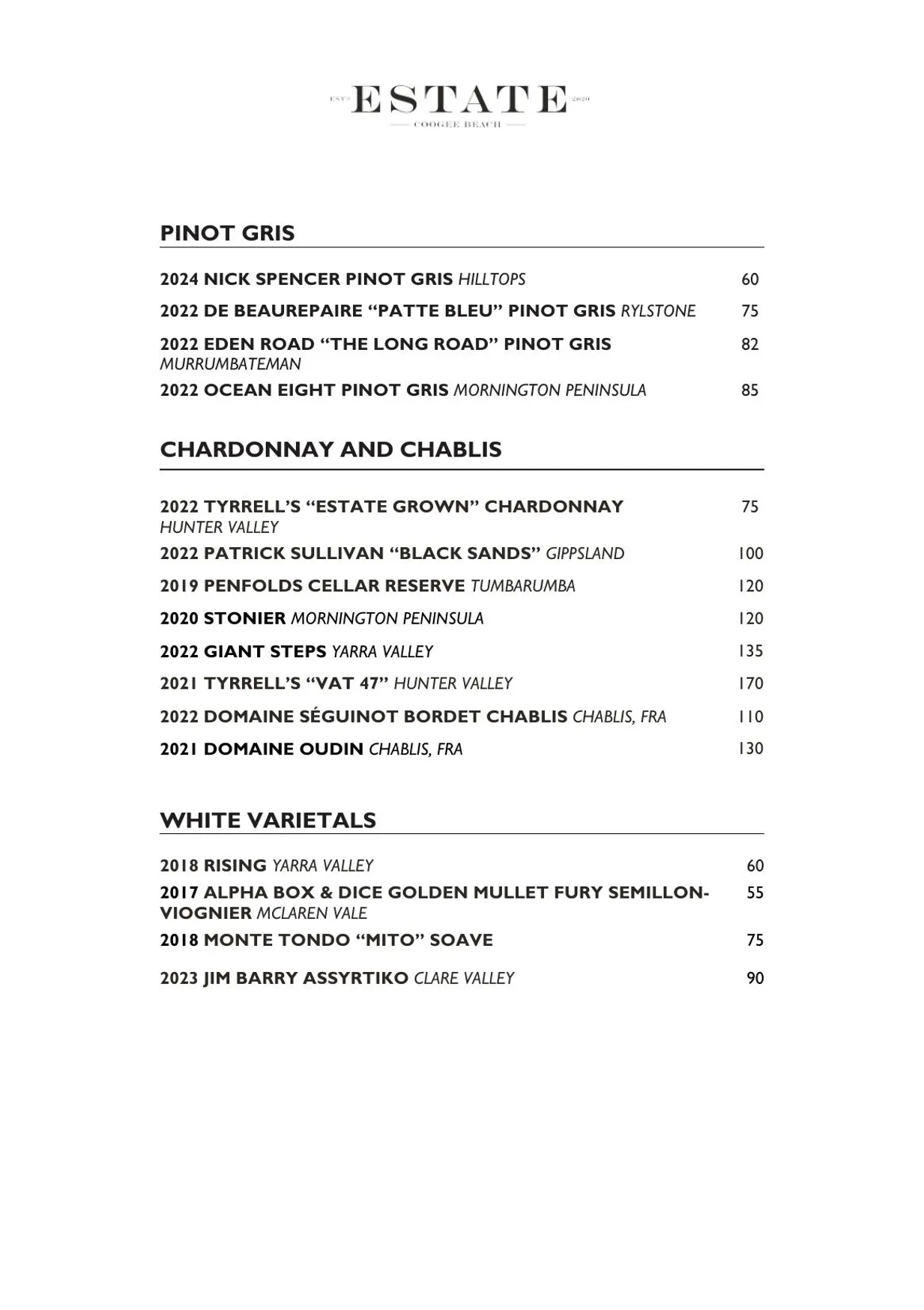 Estate Coogee menu, page 9