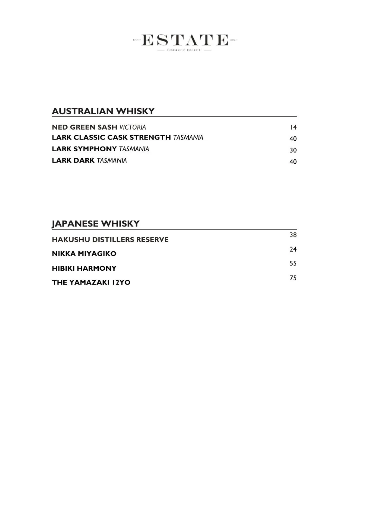 Estate Coogee menu, page 14
