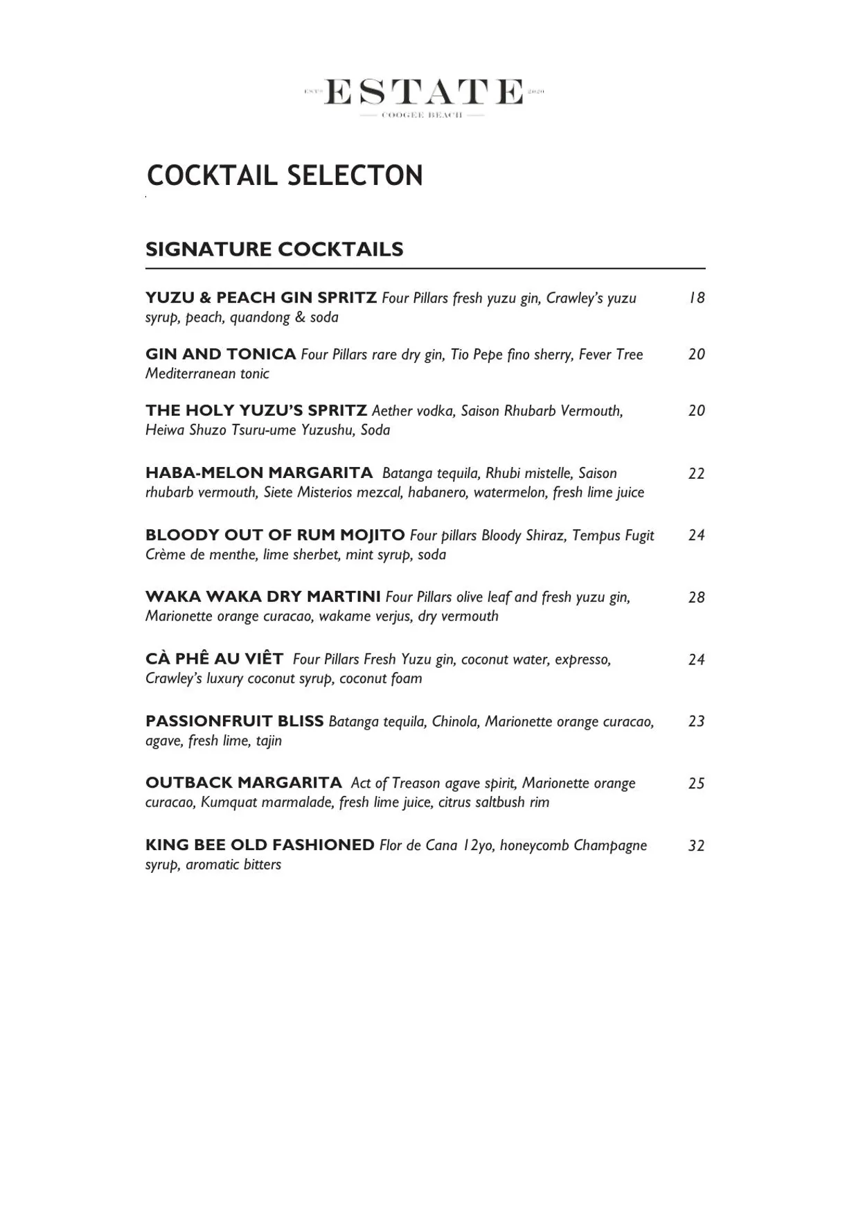 Estate Coogee menu, page 2