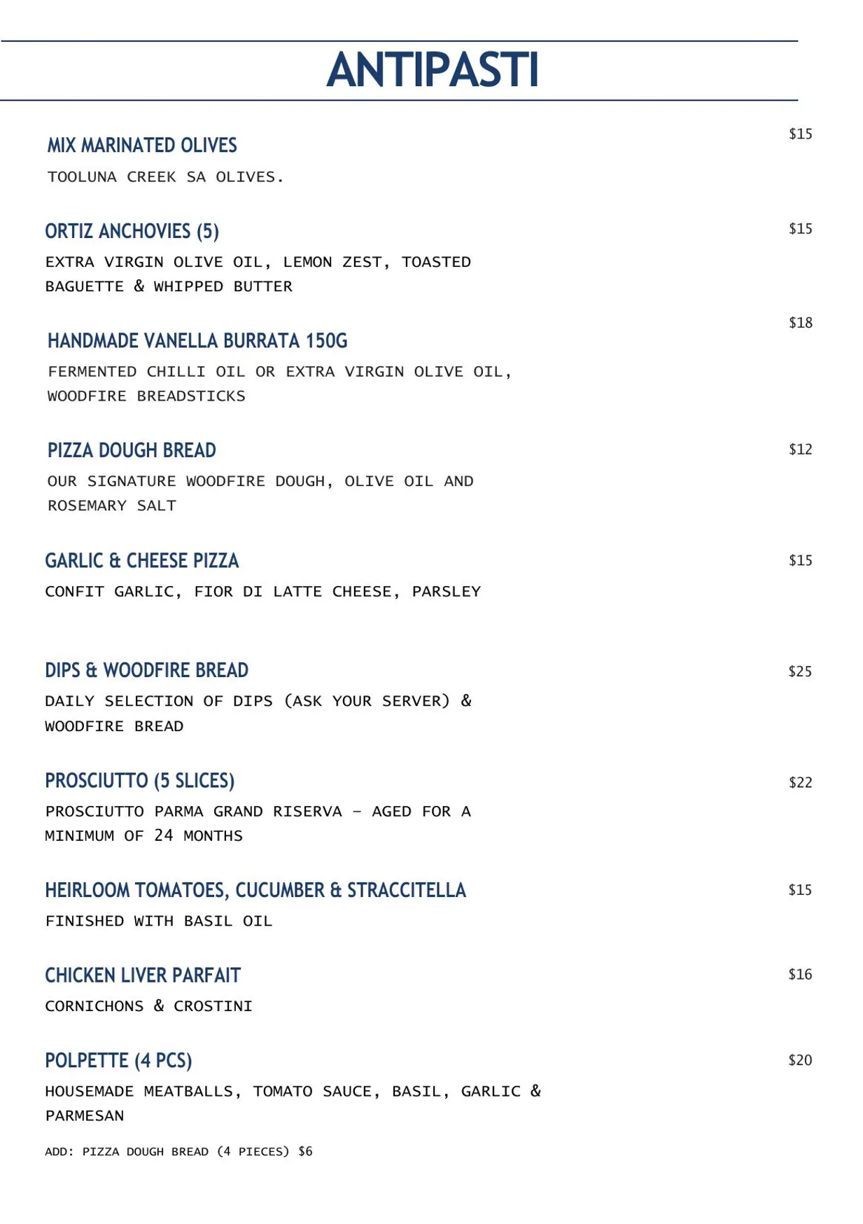 Larry's Pizzeria & Cocktail Bar menu, page 1
