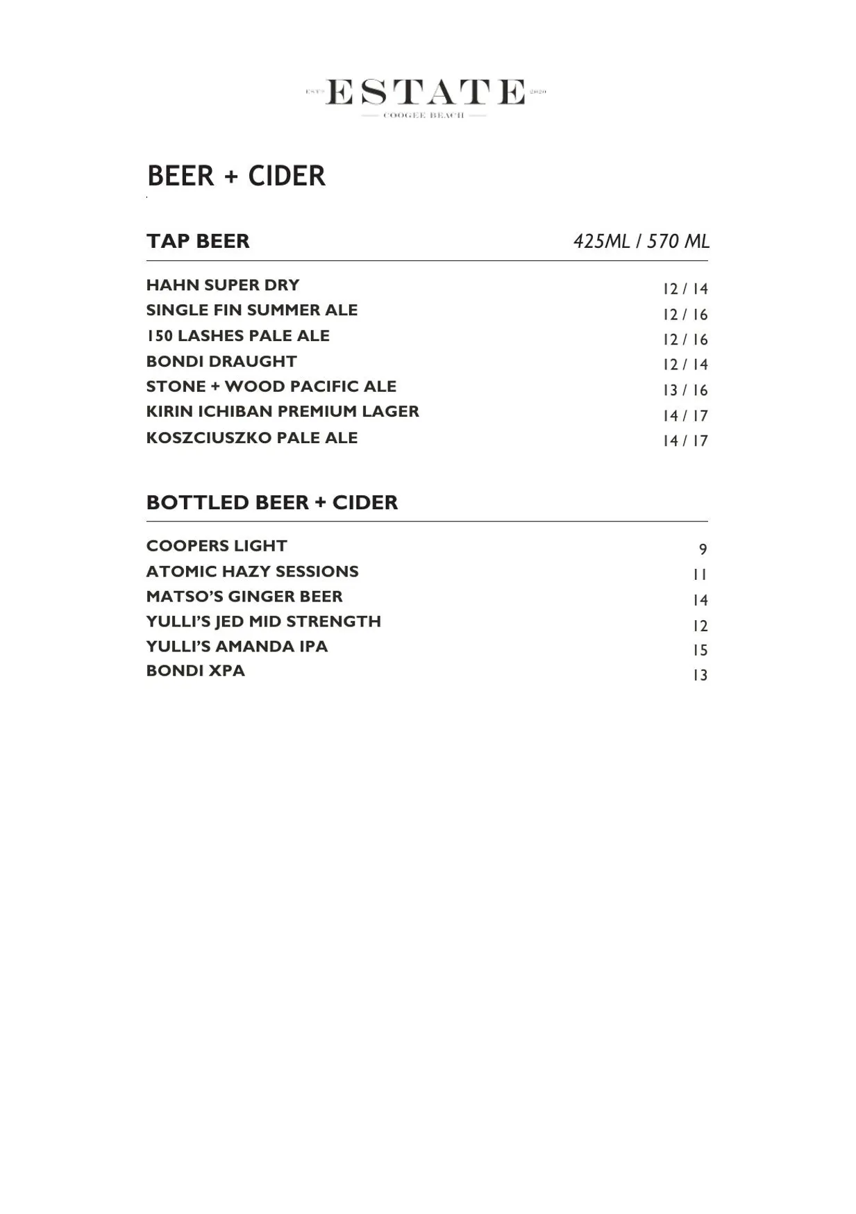 Estate Coogee menu, page 5