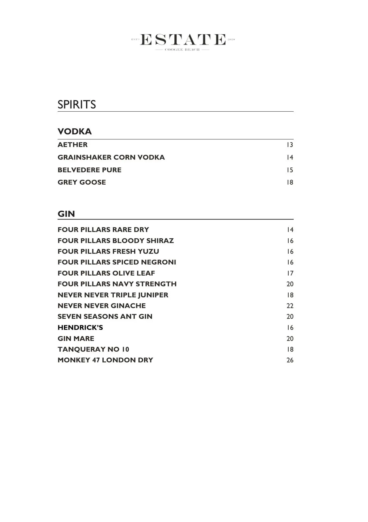 Estate Coogee menu, page 12