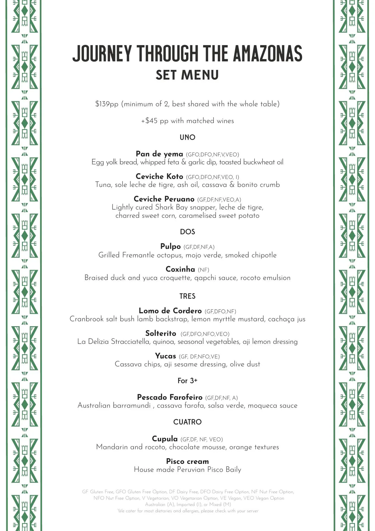 UMA Restaurant menu, page 2