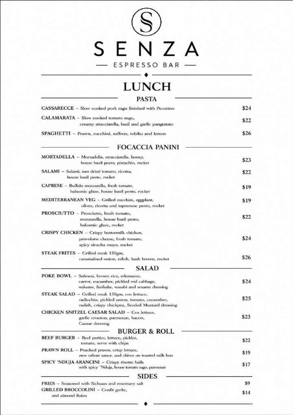 Senza Espresso Bar menu, page 2