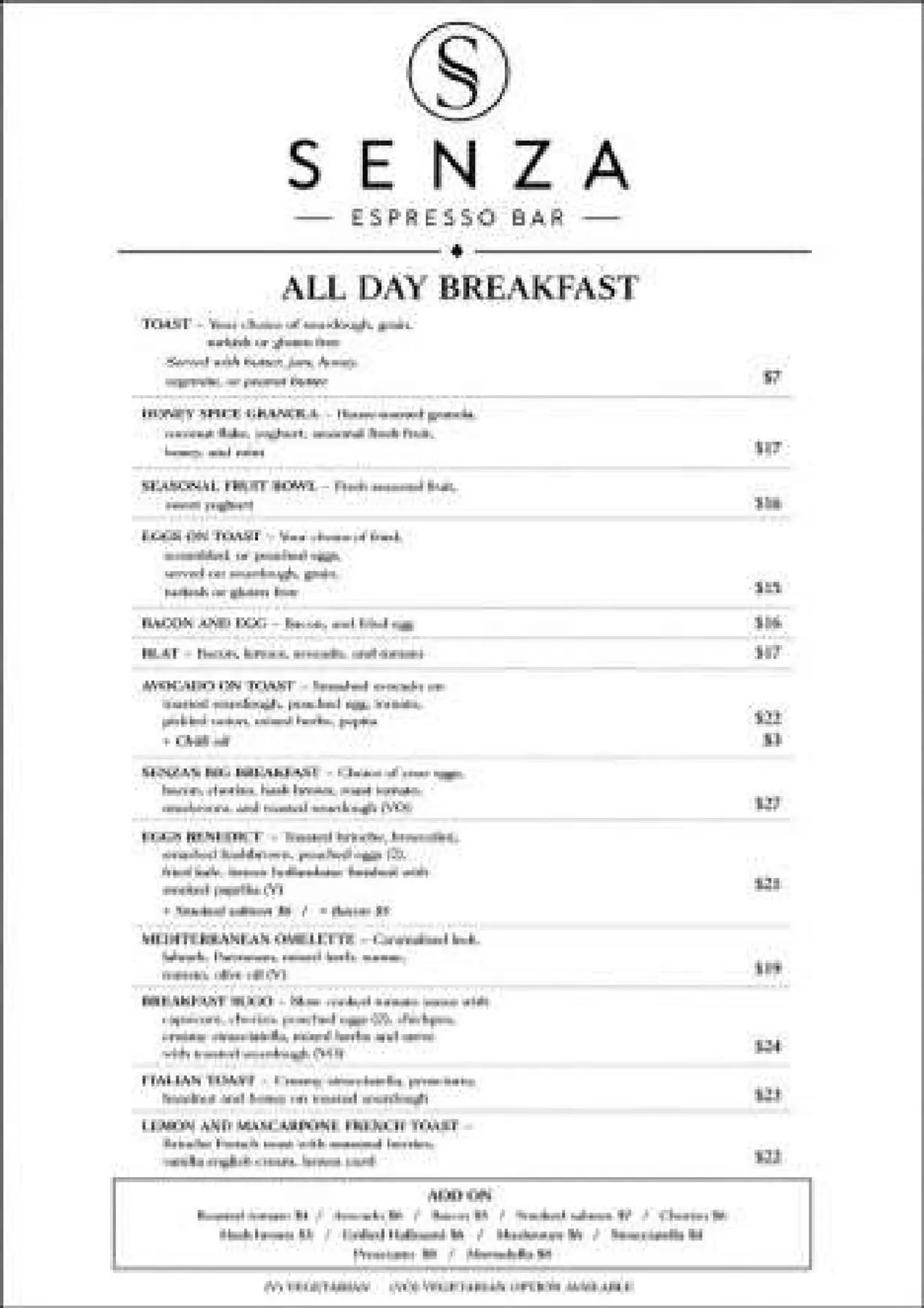 Senza Espresso Bar menu, page 1