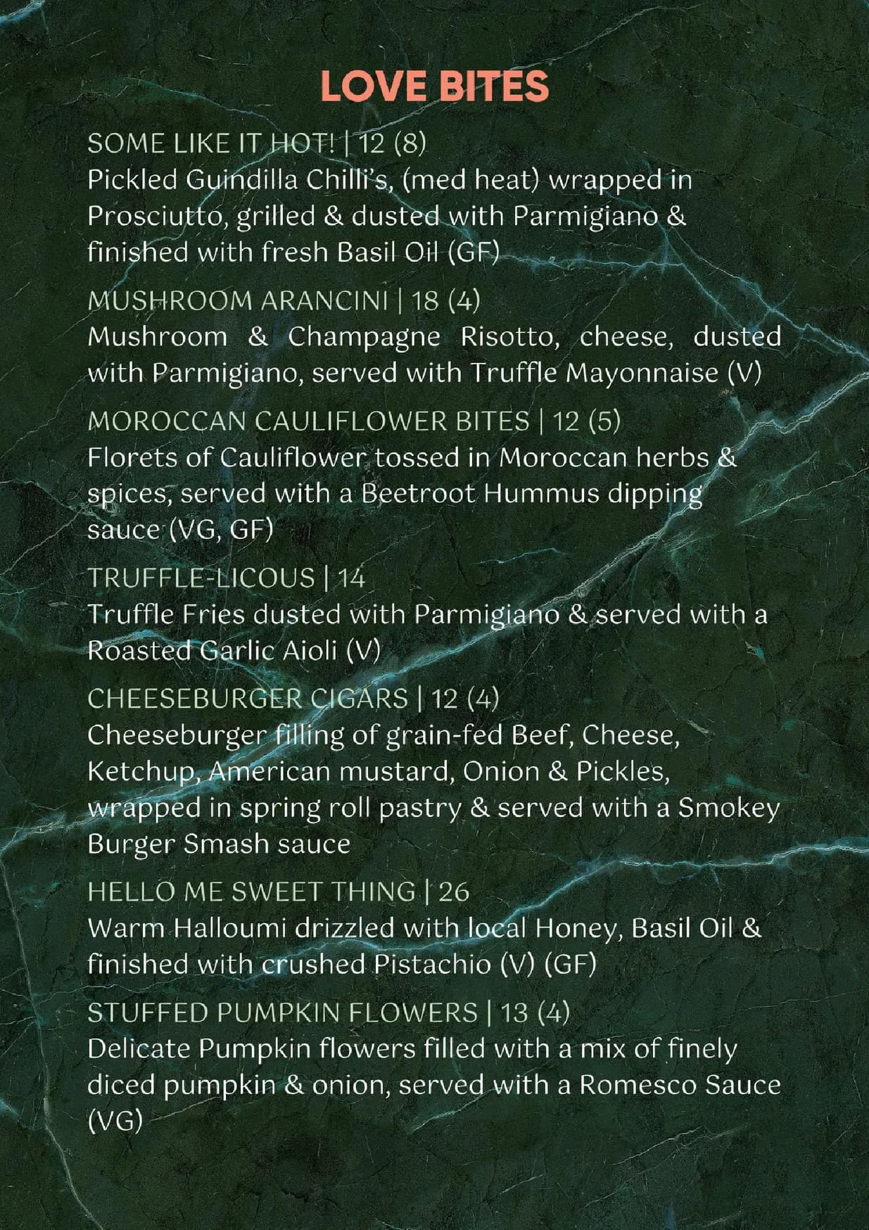 Little Vine Room menu, page 1
