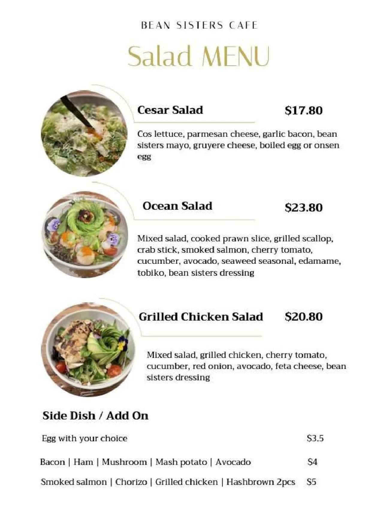 Bean Sisters Cafe menu, page 1
