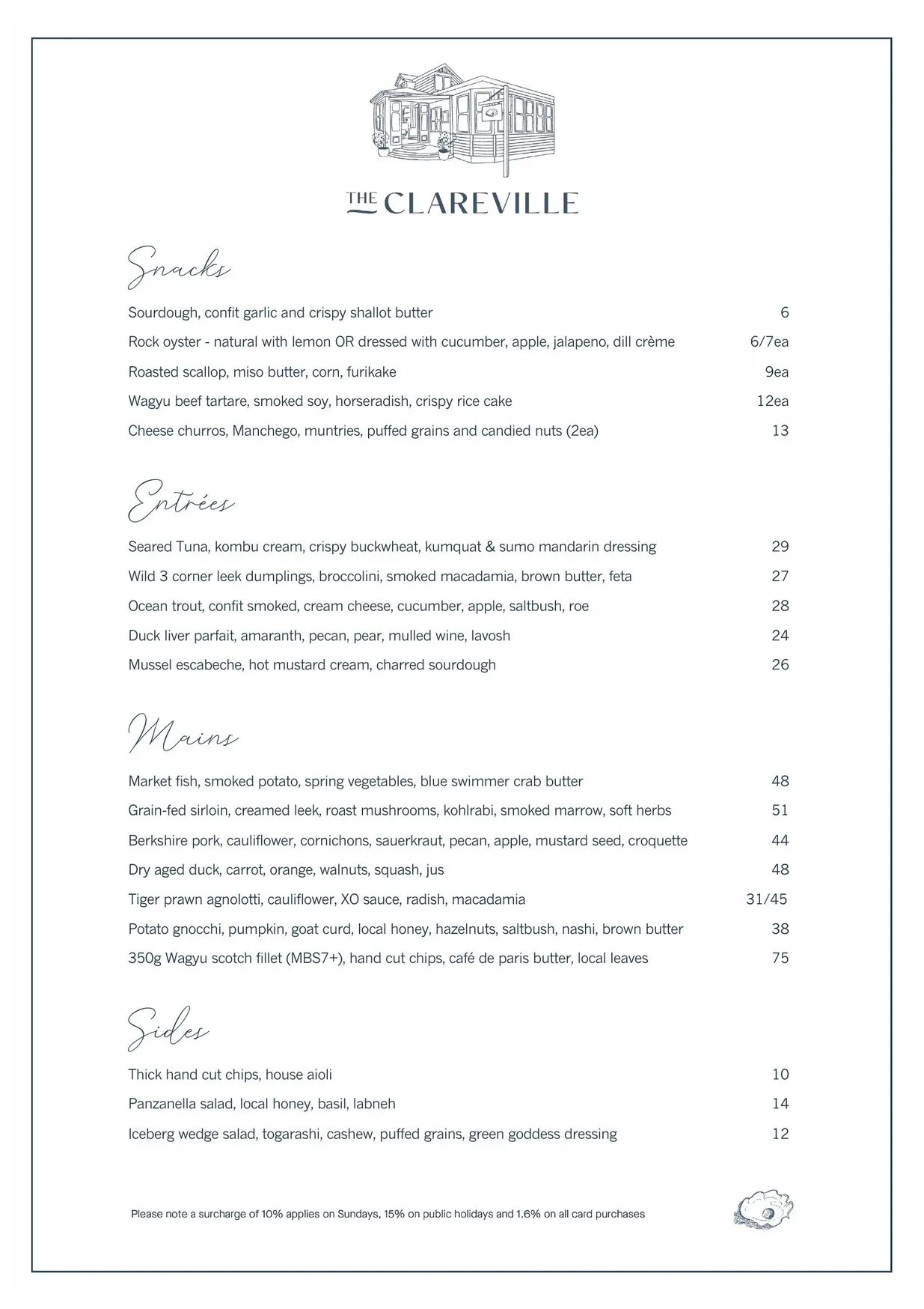 The Clareville menu, page 1