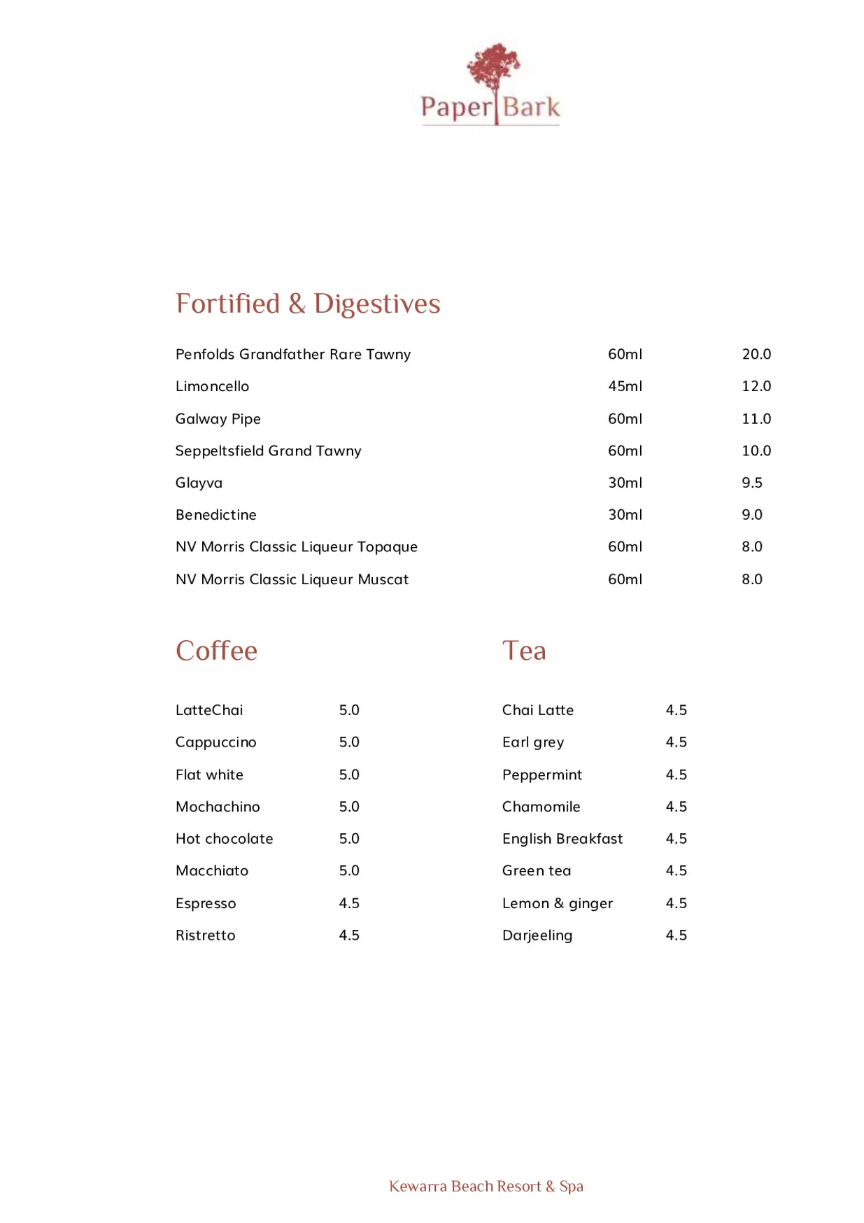Paperbark Restaurant menu, page 4