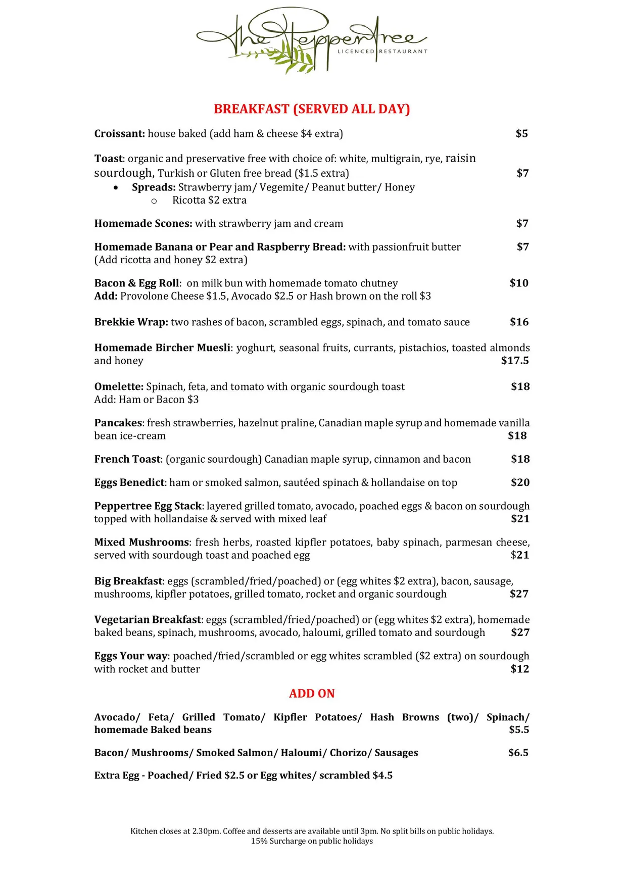 The Peppertree Licensed Restaurant menu, page 7