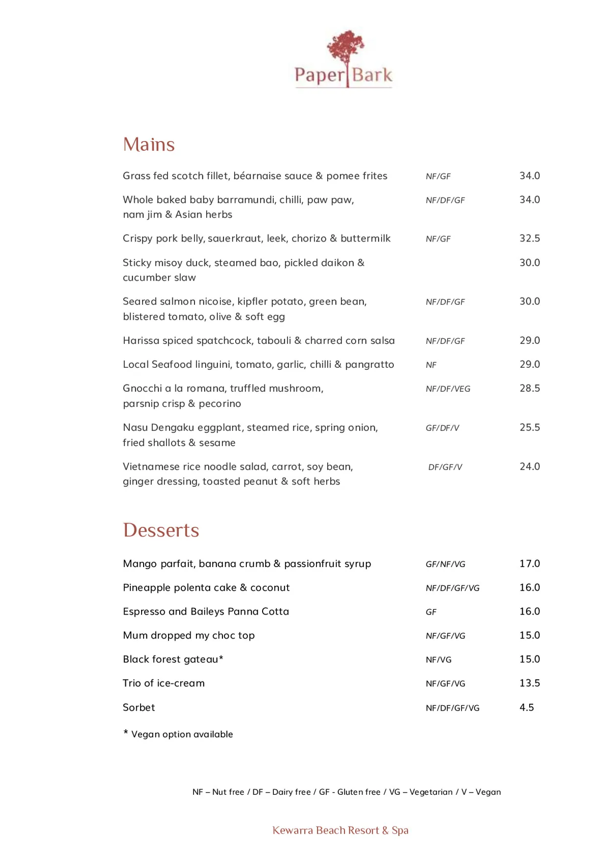 Paperbark Restaurant menu, page 2