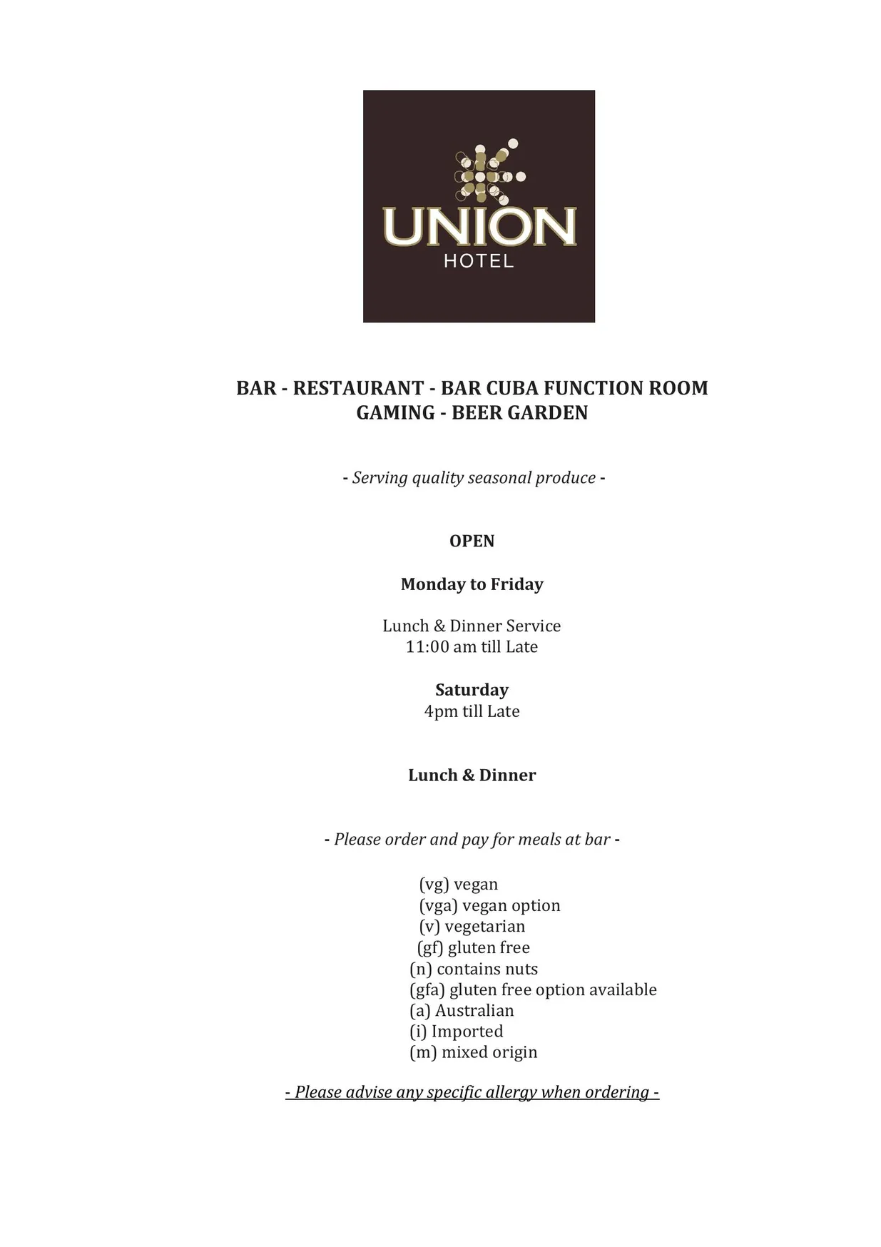 Union Hotel menu, page 1