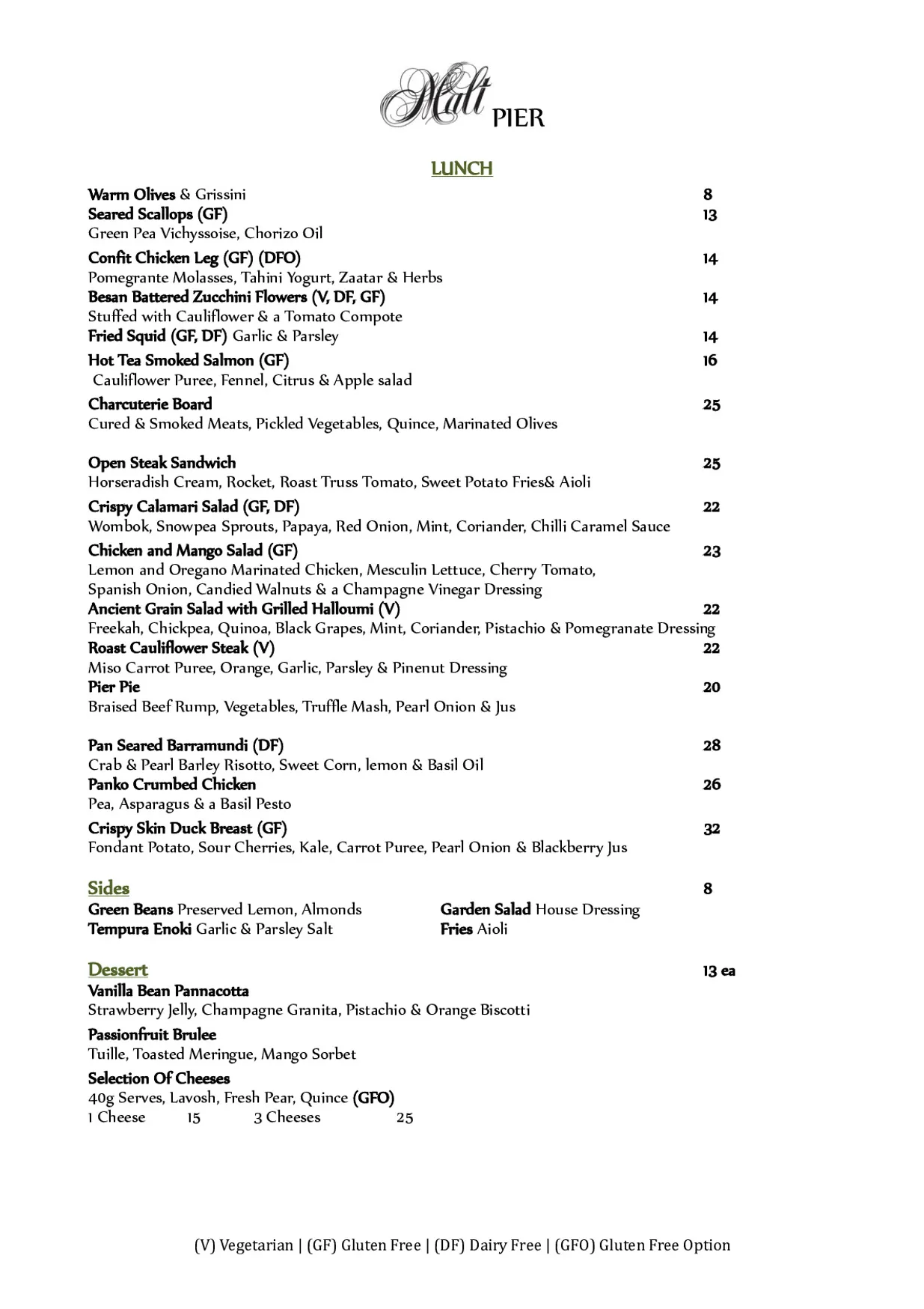 Malt Pier menu, page 1