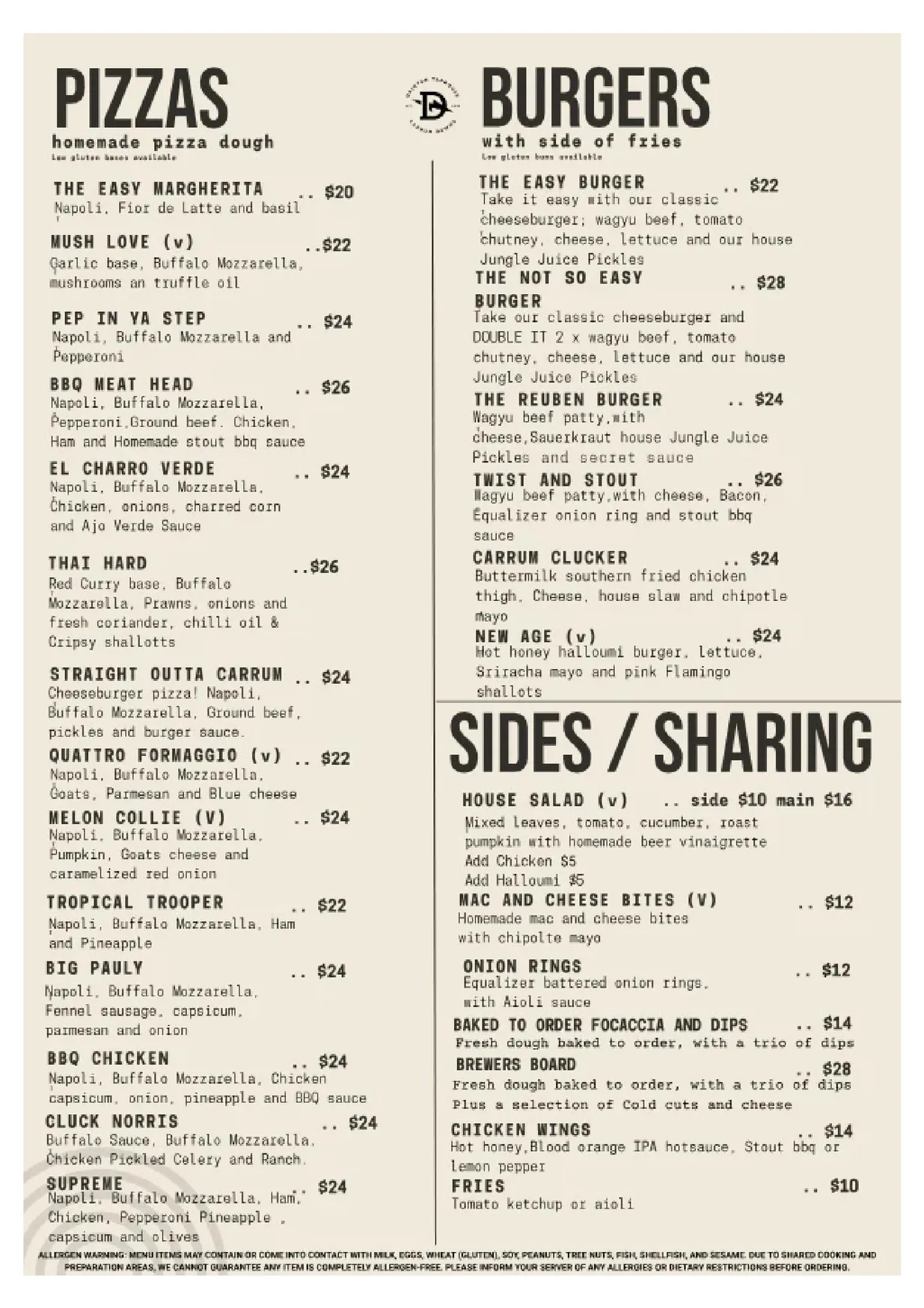 Dainton Beer menu, page 1