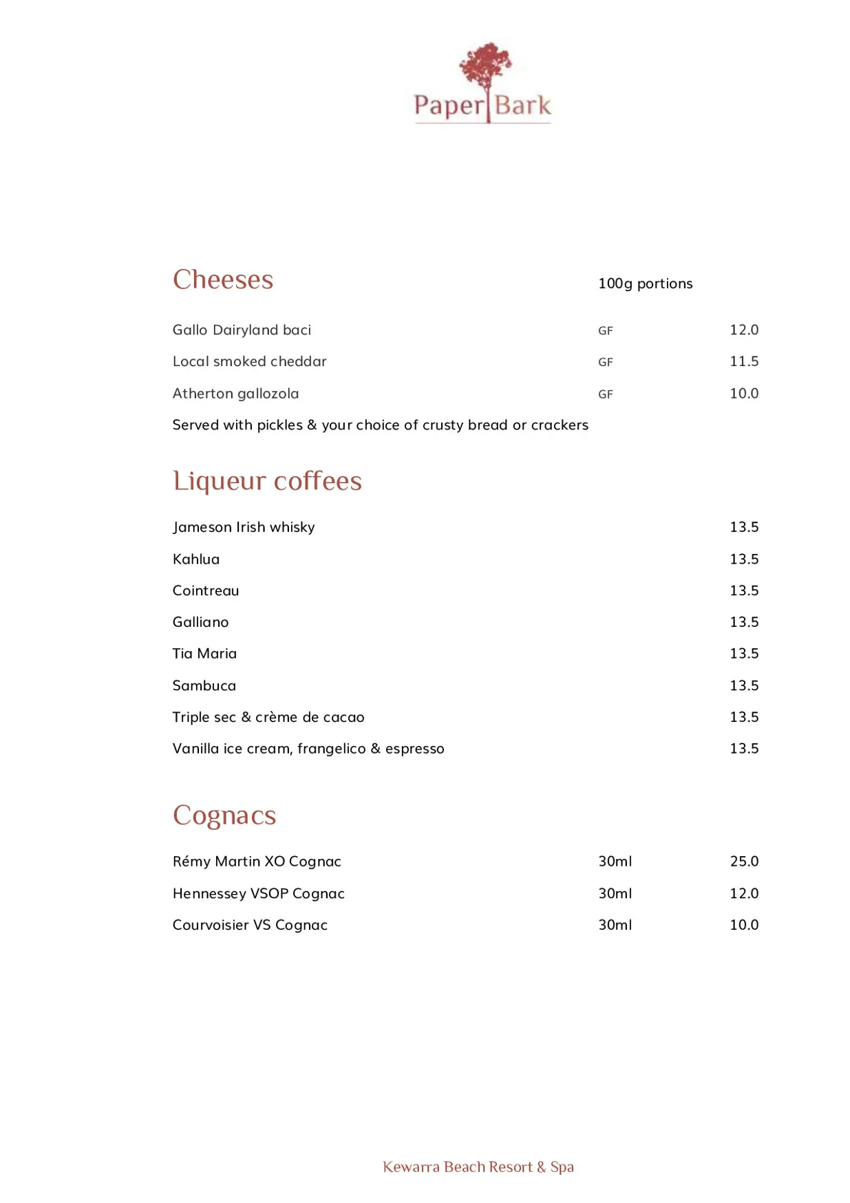 Paperbark Restaurant menu, page 3