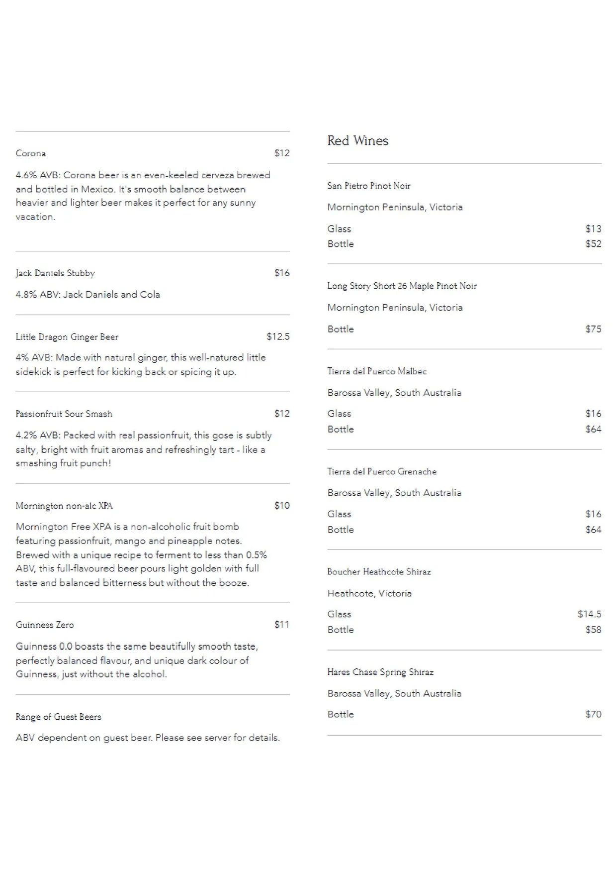Wheat, Wine & Whisky menu, page 5