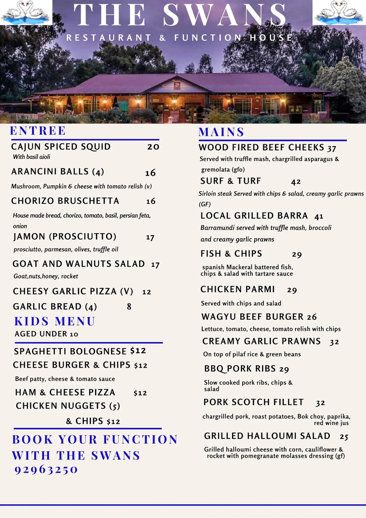 The Swans Restaurant & Function House menu, page 6