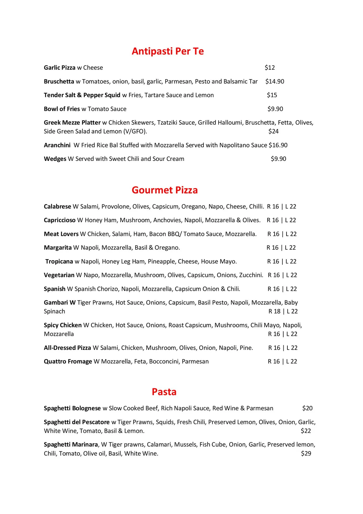 Ciao Bello menu, page 1