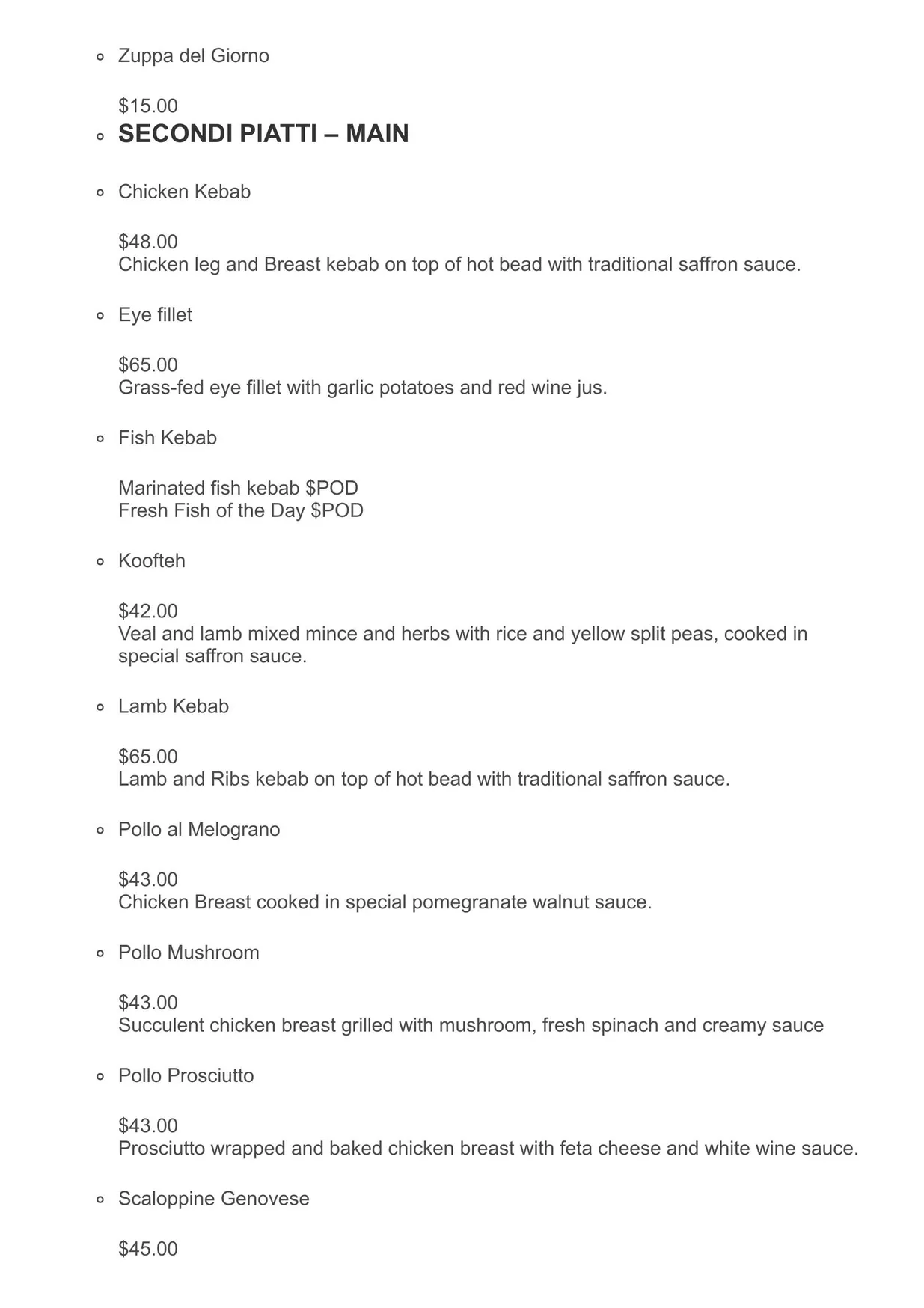 Amici Trattoria menu, page 2