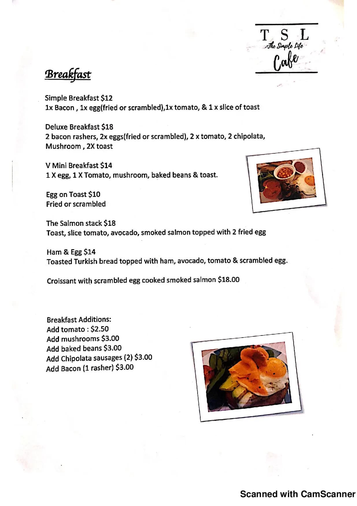 The Simple Life Cafe menu, page 1