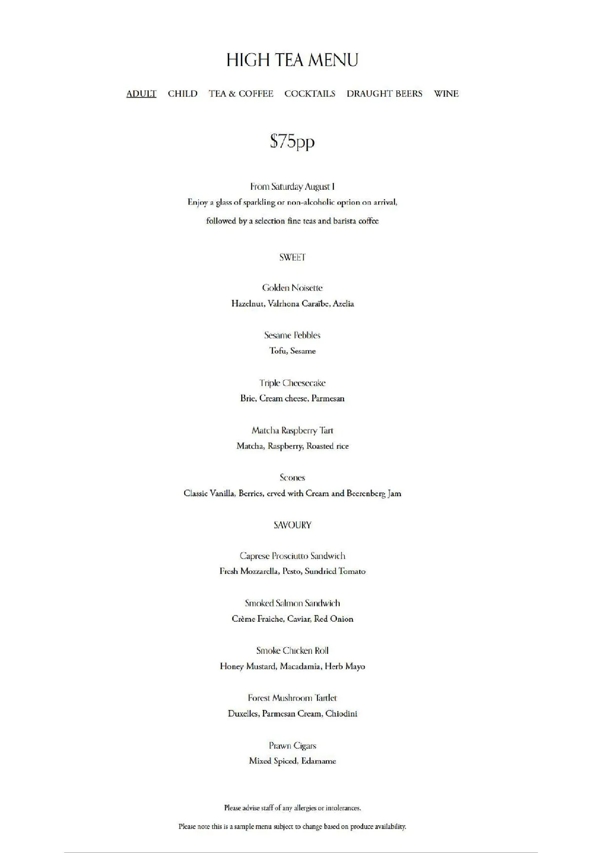 High-Tea at Bacchus Rydges menu, page 1