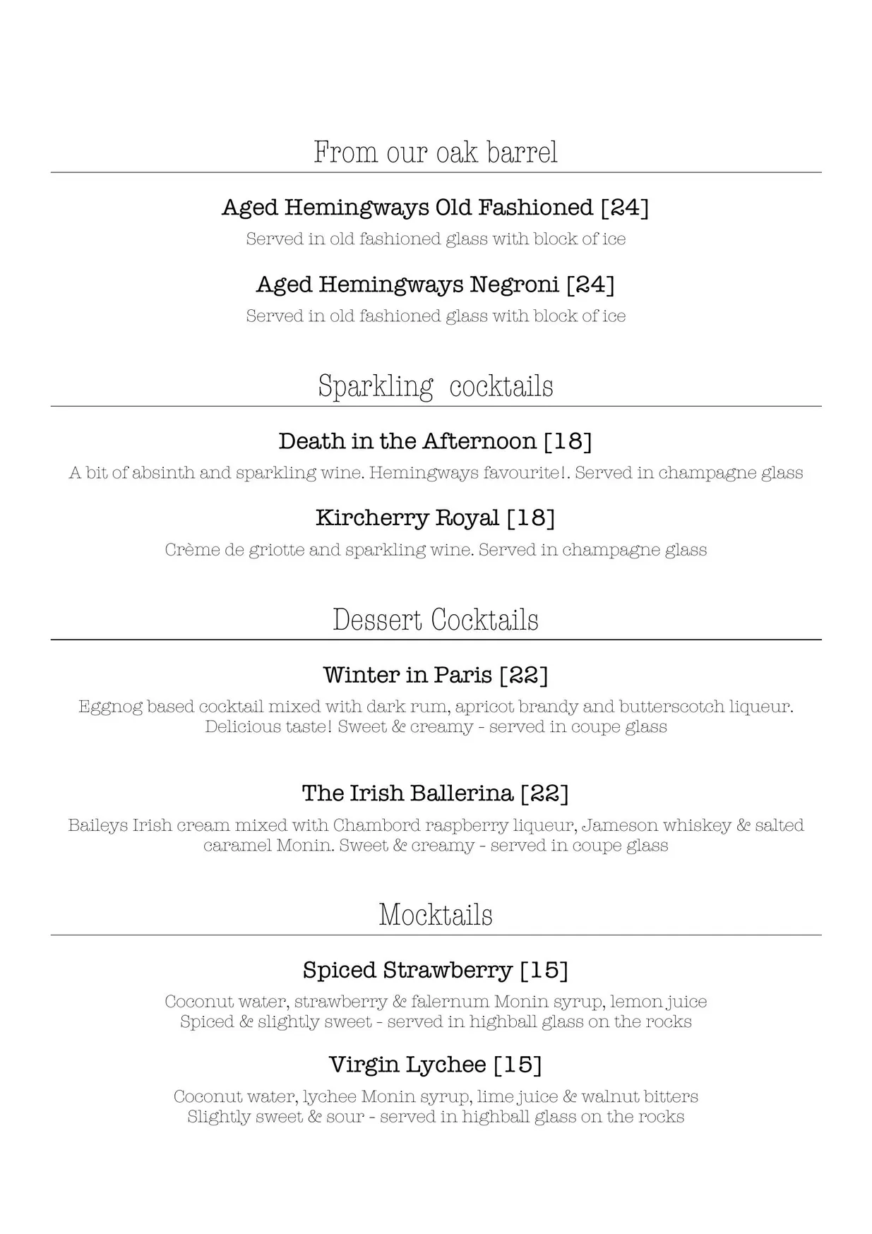 Hemingway's Manly menu, page 5