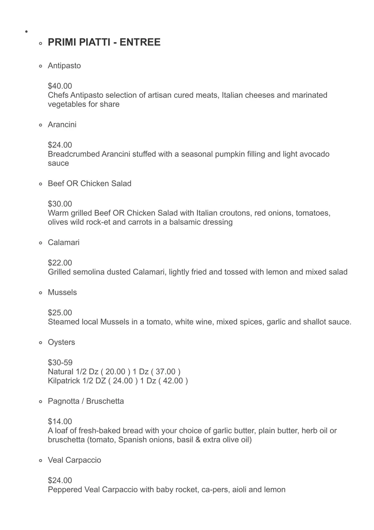 Amici Trattoria menu, page 1