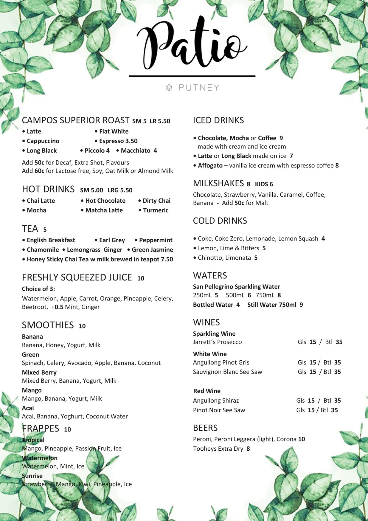 Patio @ Putney menu, page 1