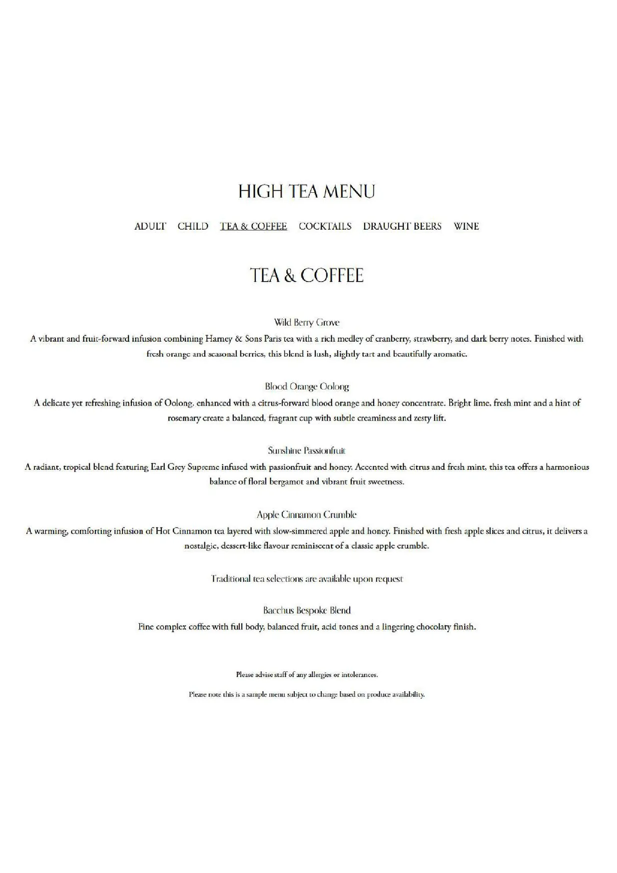 High-Tea at Bacchus Rydges menu, page 3