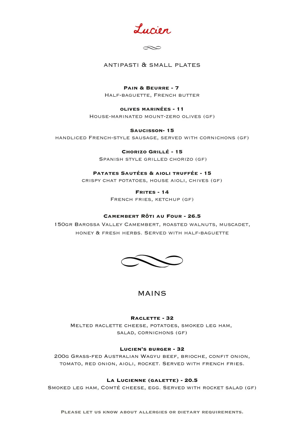 Lucien Bar menu, page 1