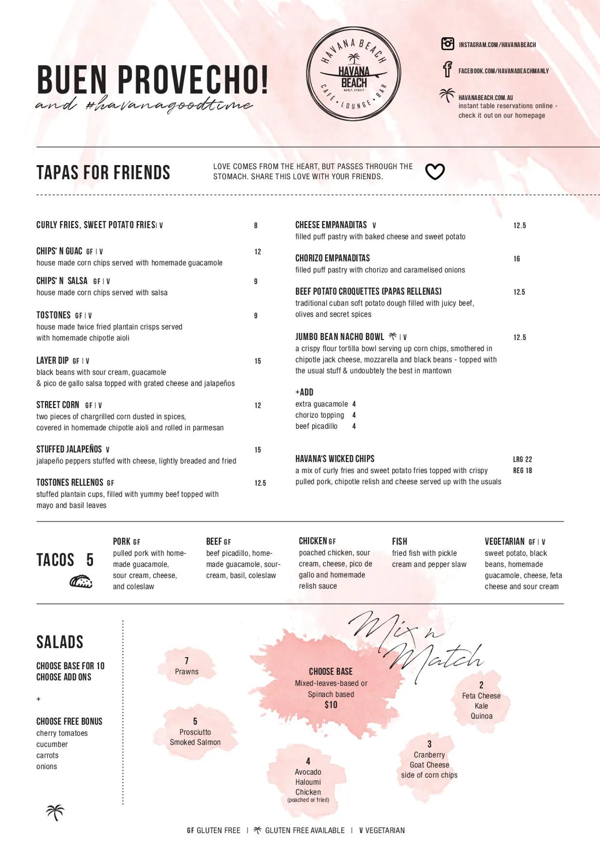 Havana Beach menu, page 1