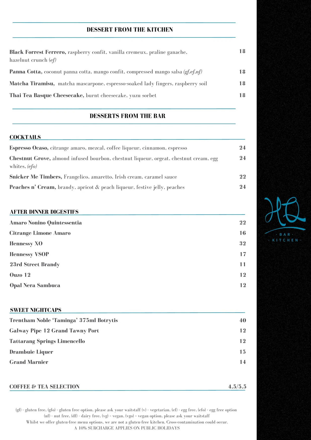 HQ Bar + Kitchen menu, page 2