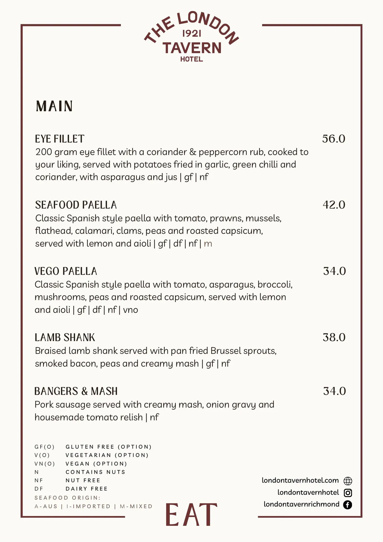 London Tavern Hotel menu, page 7