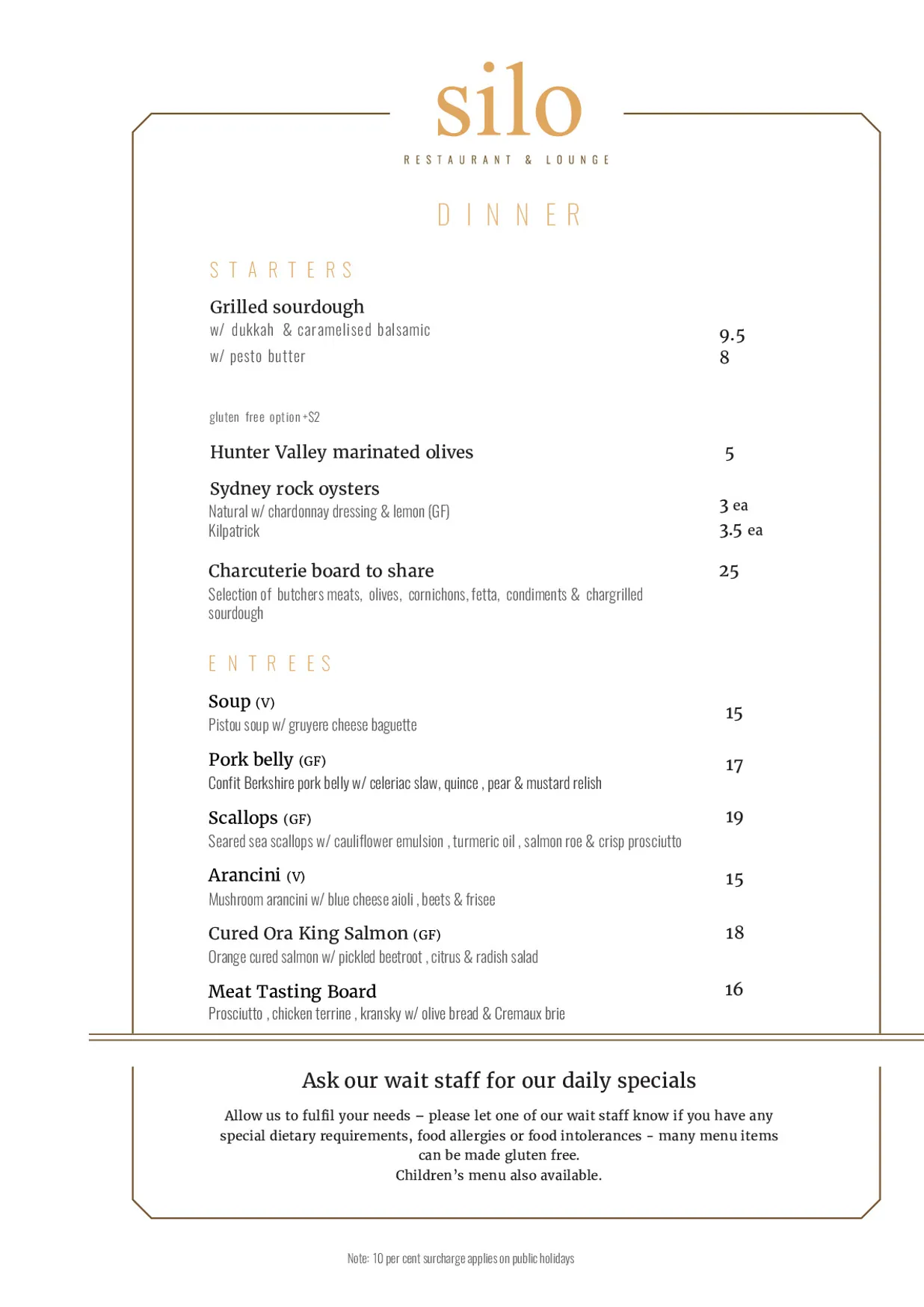 Silo Restaurant & Lounge menu, page 1