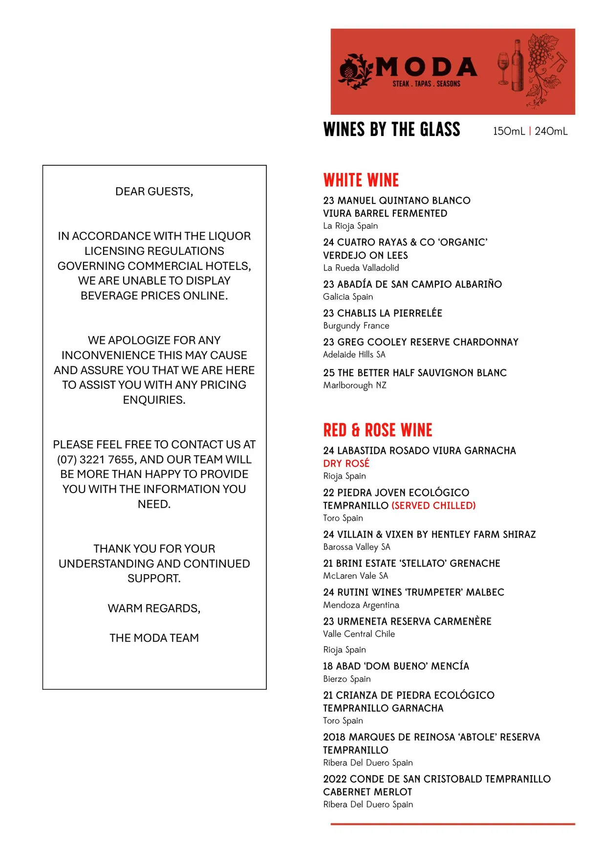 Moda Steak . Tapas . Seasons menu, page 1