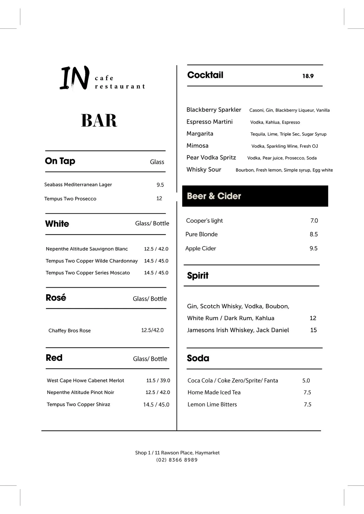 Incafe Restaurant menu, page 2