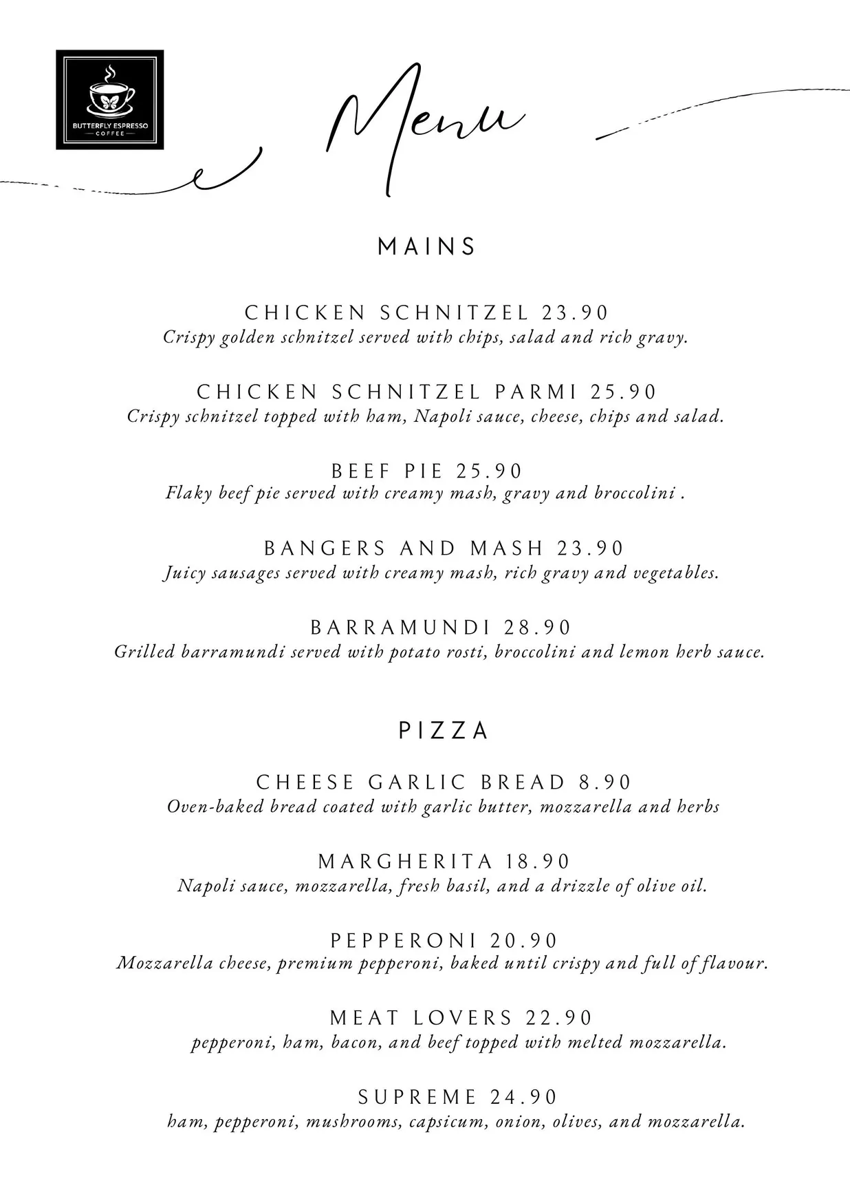 Butterfly Espresso Coffee menu, page 2