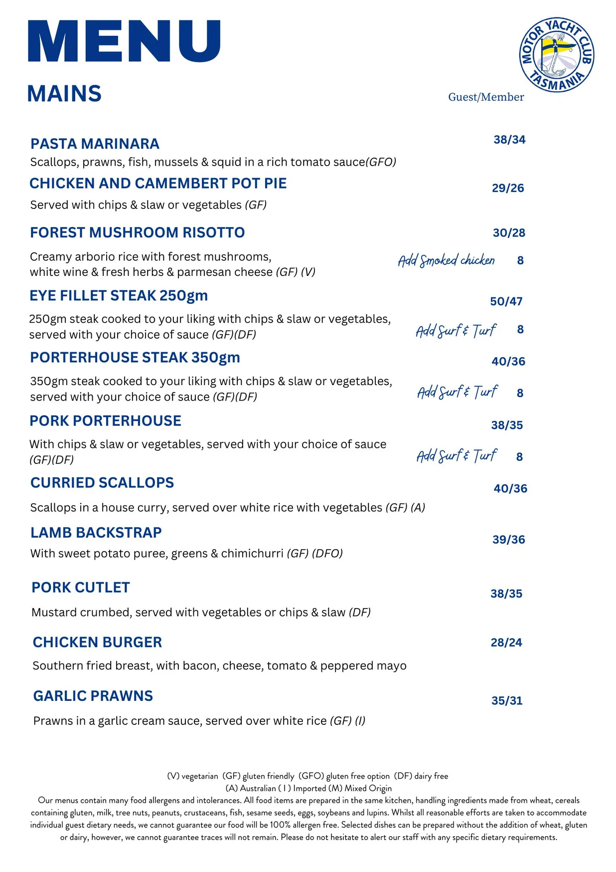 Reflections @ Motor Yacht Club of Tasmania menu, page 3