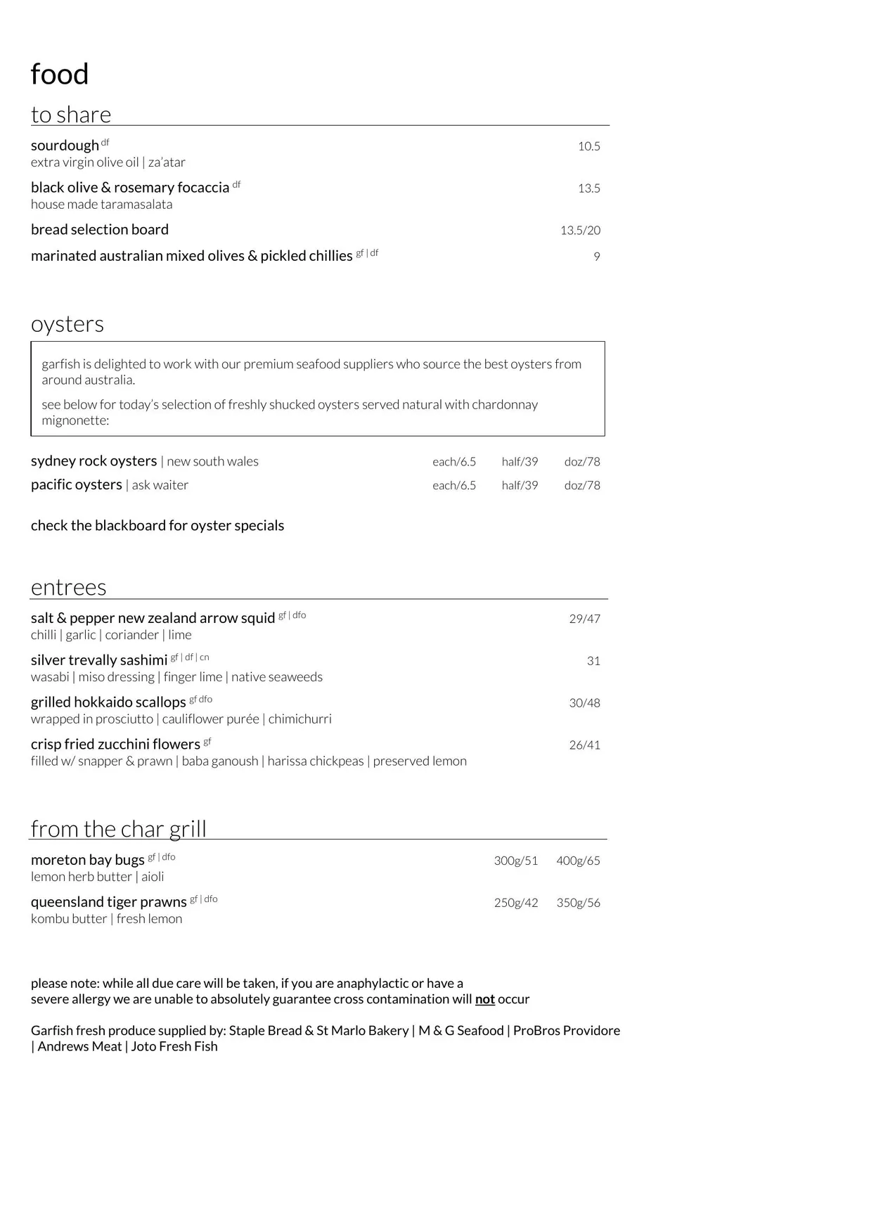 Garfish menu, page 1