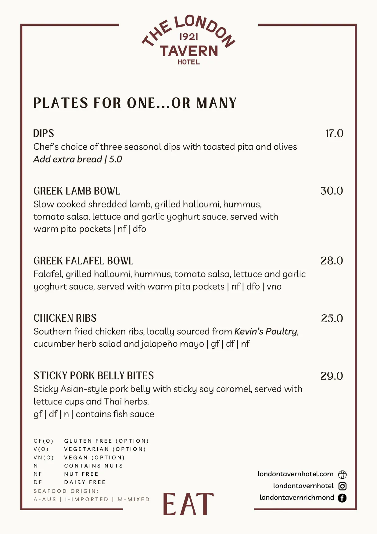 London Tavern Hotel menu, page 2
