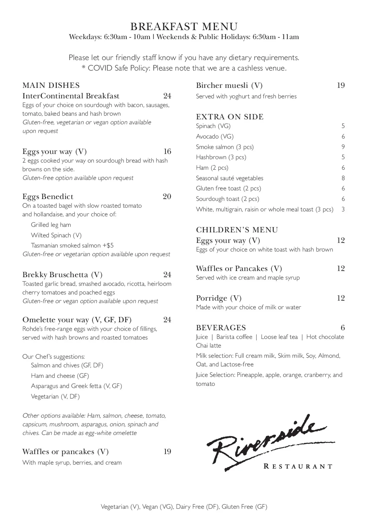 Riverside Restaurant menu, page 1
