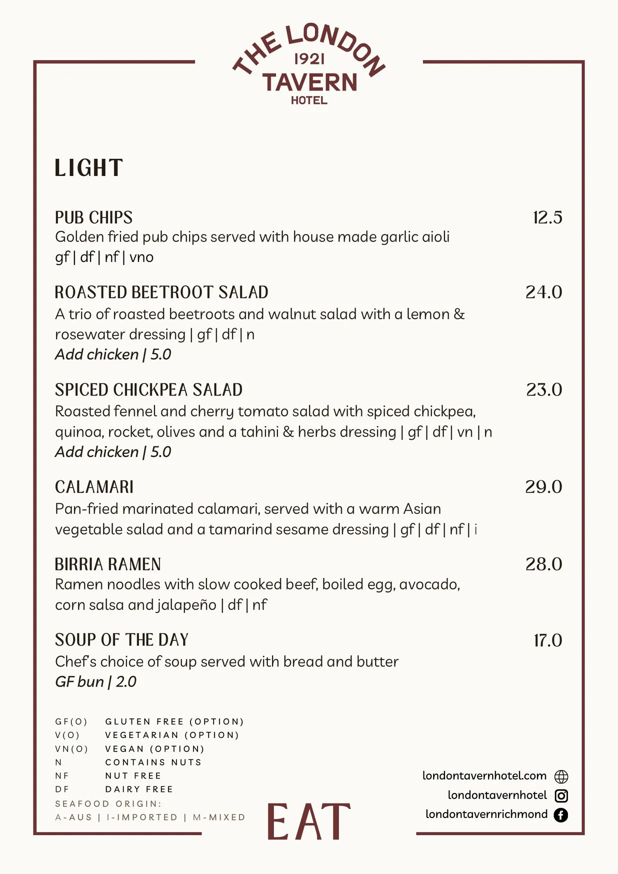 London Tavern Hotel menu, page 1