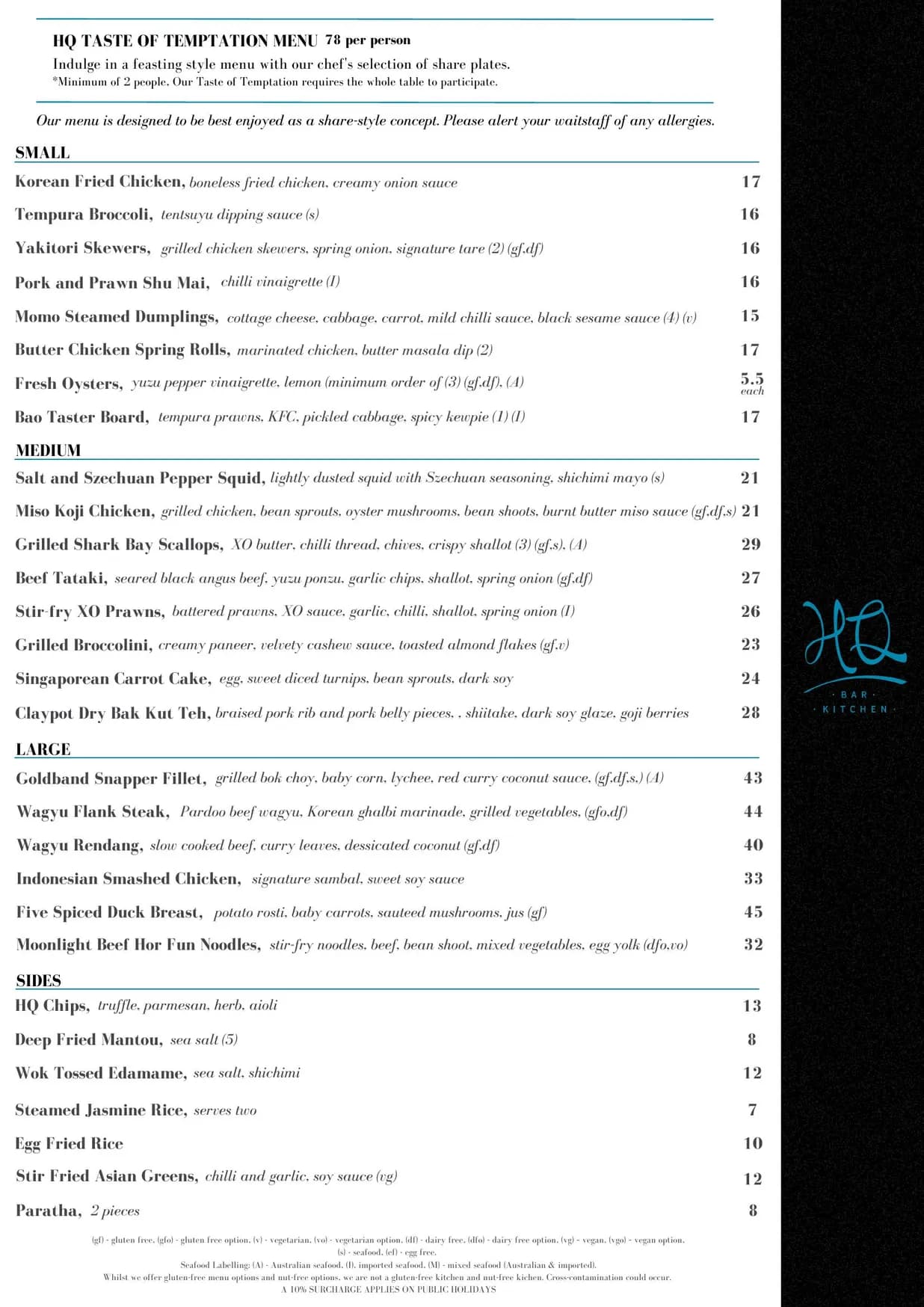 HQ Bar + Kitchen menu, page 1
