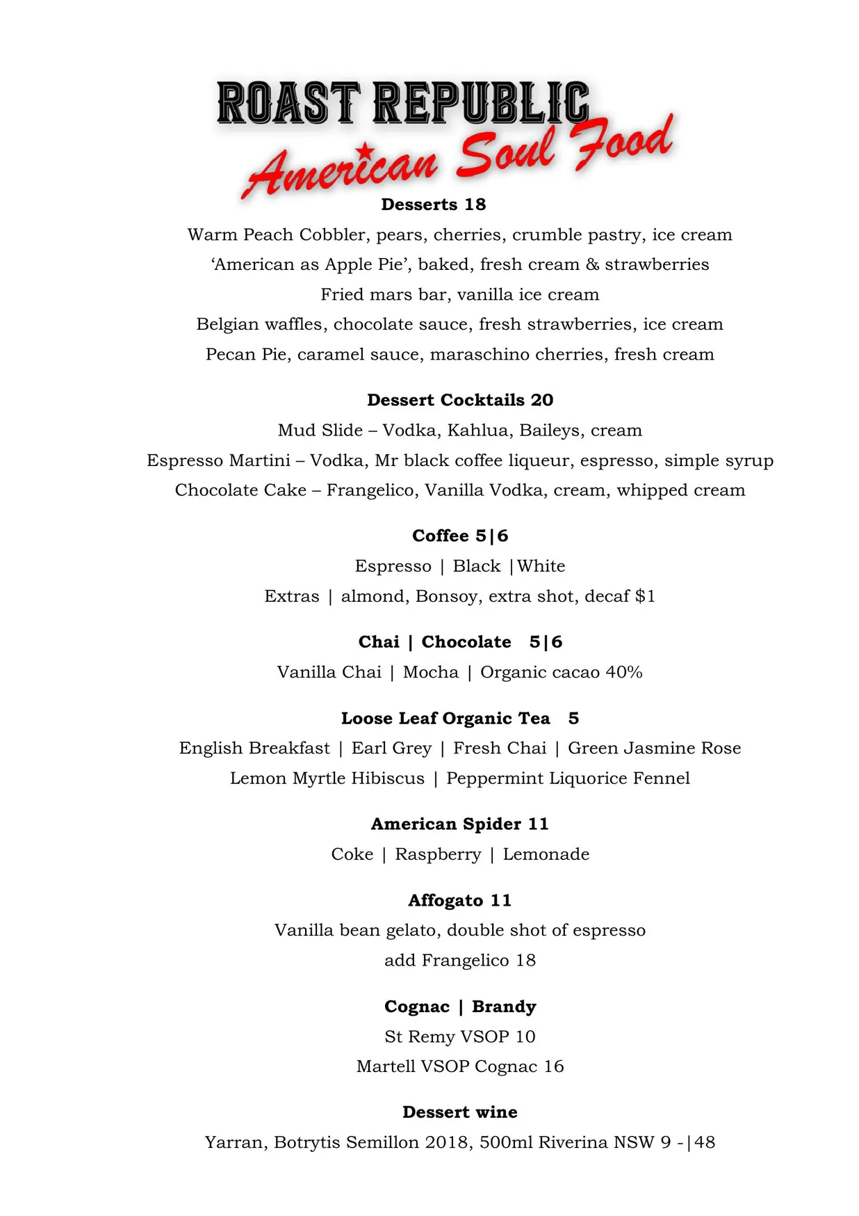 Roast Republic menu, page 6