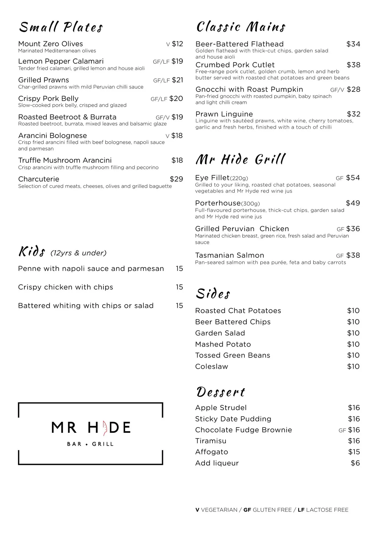 Mr Hide Bar & Grill menu, page 1