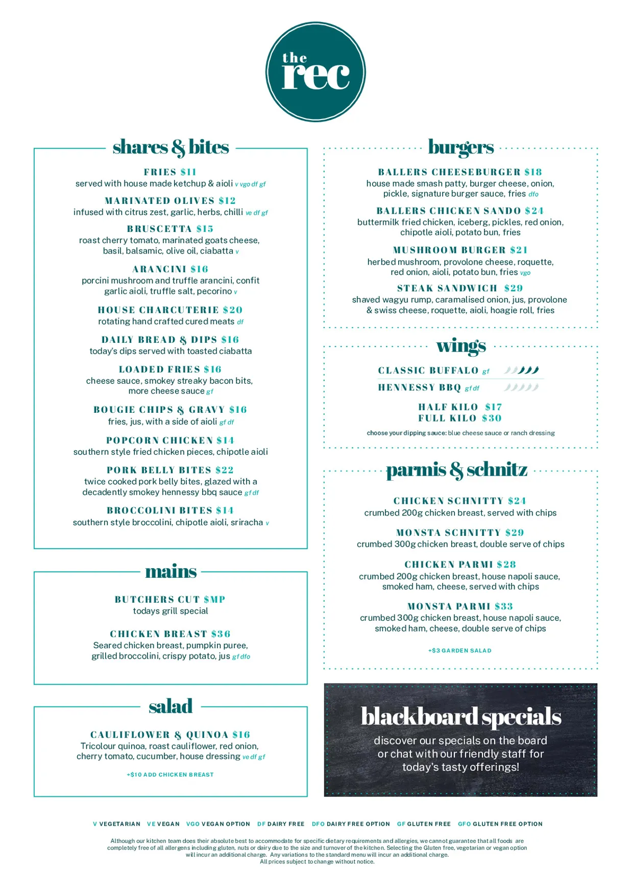 The Rec Bar menu, page 1